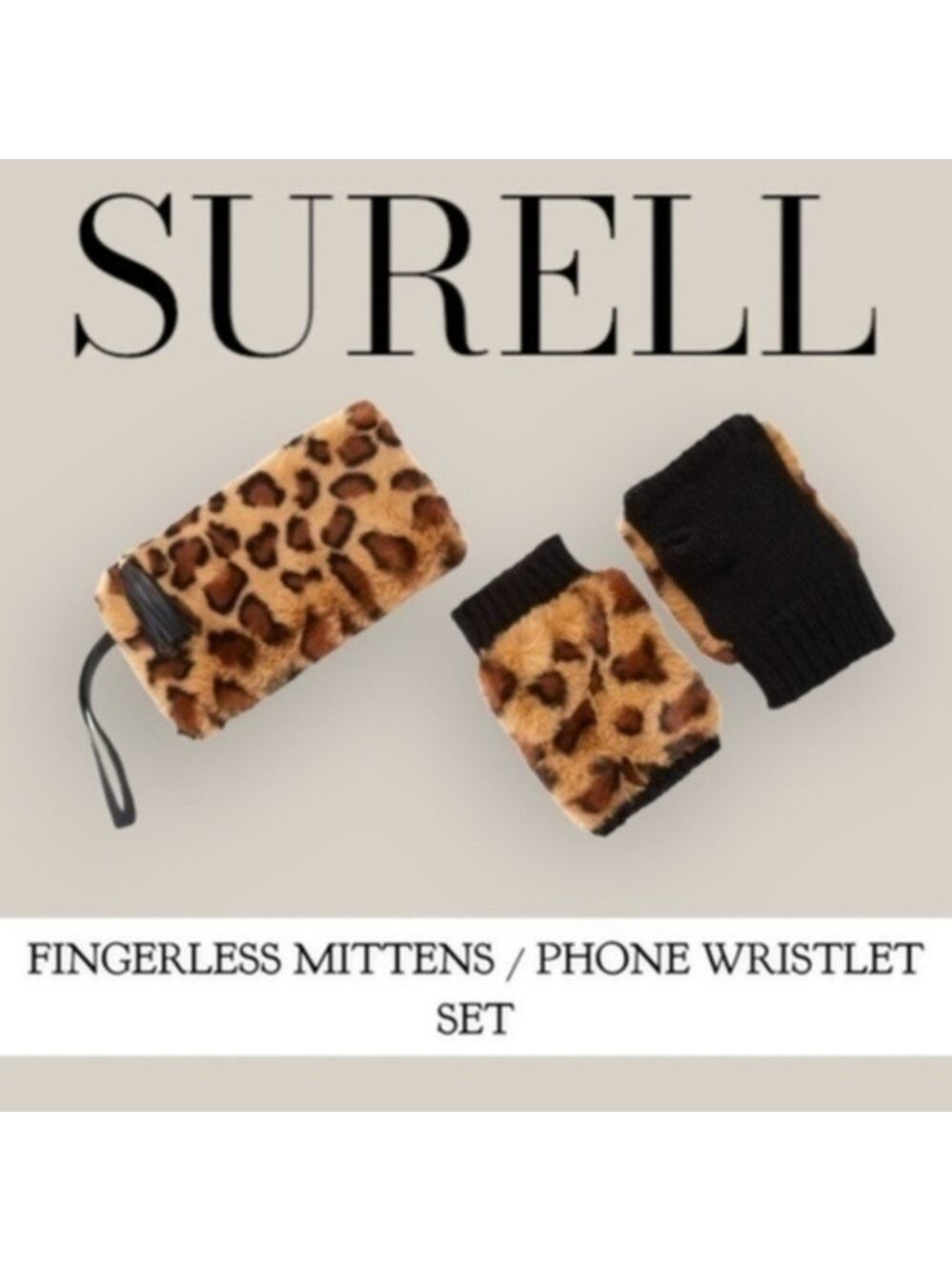 SURELL NWT Leopard Faux Fur Fingerless Mittens/Phone Wristlet 2-Piece Gift SET